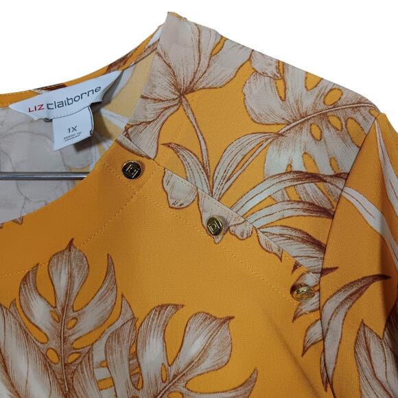 Liz Claiborne Blouse Size 1X Yellow and Beige Floral Print Short Flowy Sleeves - Picture 4 of 8